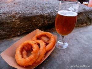 Arrogant Bastard Ale onion rings with Pizza Port brew